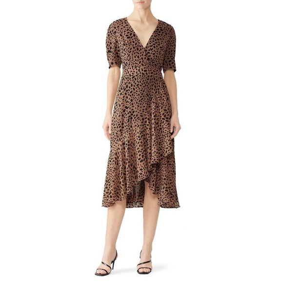 Fame & Partners Dress Leopard Print High Low Wrap Brown Short Sleeve Size 16 - Picture 1 of 12
